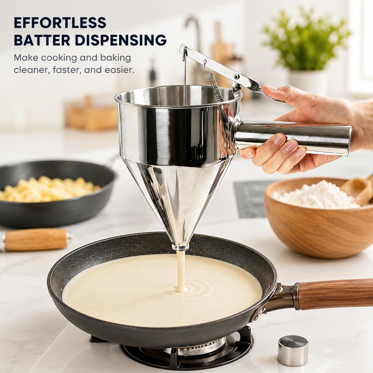 40oz Stainless Steel Pancake Batter Dispenser with Stand, Funnel Cake & Cupcake Batter Dispenser, Multi-Caliber Nozzles for Waffles, Crepes & Icing – Includes 4 Nozzles, Whisk & Brush