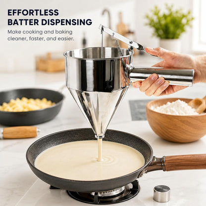 40oz Stainless Steel Pancake Batter Dispenser with Stand, Funnel Cake & Cupcake Batter Dispenser, Multi-Caliber Nozzles for Waffles, Crepes & Icing – Includes 4 Nozzles, Whisk & Brush