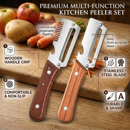 2 PCS Multifunctional Vegetable Peelers for Kitchen, 2026 Upgraded Stainless Steel Peeler with Bottle Opener, Wooden Handle,Julienne Cutter, 2-in-1 Non-Slip Kitchen Tool for Potato, Carrot, Fruits