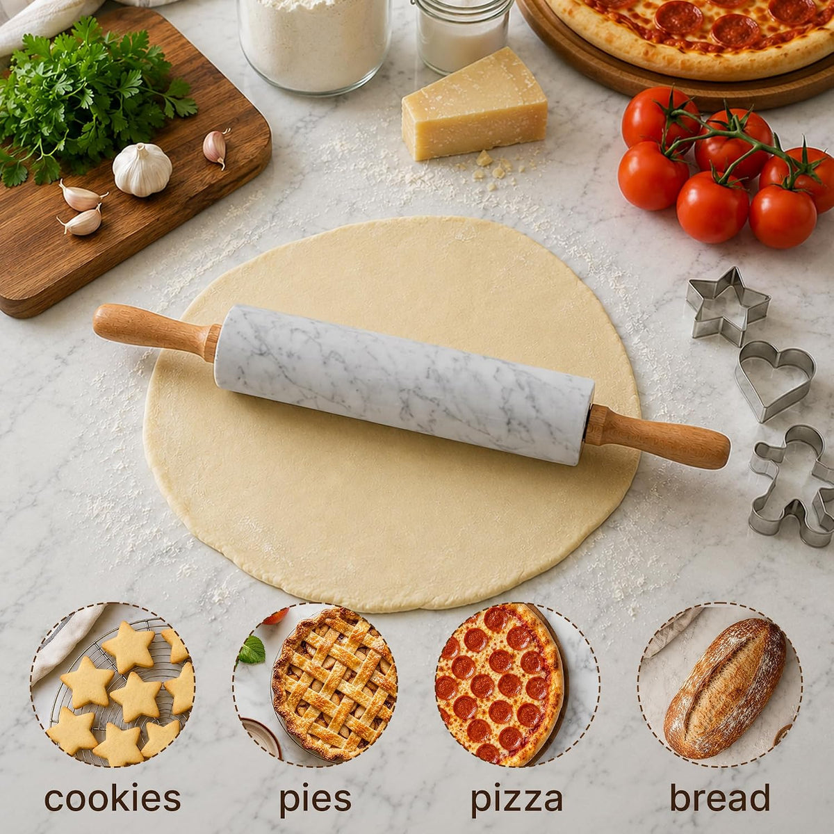 17-Inch Marble Rolling Pin With Stand - Polished Marble Rolling Pins For Baking With Long Beechwood Handle - Non-stick Roller Pin For Baking Pastries, Bread & Pizza