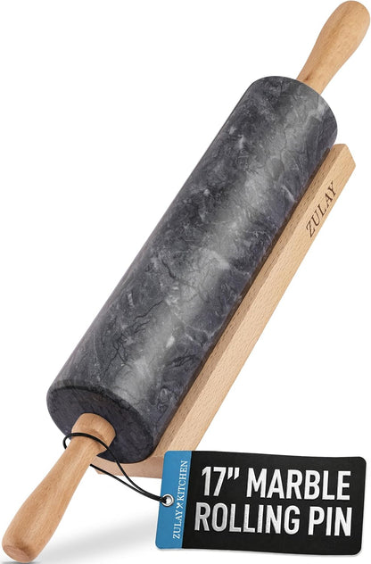17-Inch Marble Rolling Pin With Stand - Polished Marble Rolling Pins For Baking With Long Beechwood Handle - Non-stick Roller Pin For Baking Pastries, Bread & Pizza