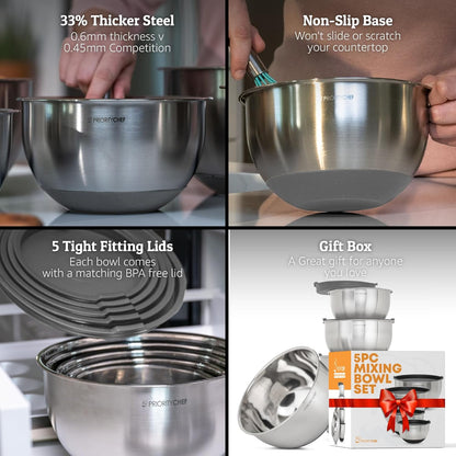 Premium Mixing Bowls With Lids Set, Airtight Lids, Thicker Stainless Steel, Non-Slip Base, 5 Nesting Steel Bowls for Kitchen, Large Prep Metal Bowl Set 1.5/2/3/4/5 Qt, Black