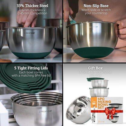 Premium Mixing Bowls With Lids Set, Airtight Lids, Thicker Stainless Steel, Non-Slip Base, 5 Nesting Steel Bowls for Kitchen, Large Prep Metal Bowl Set 1.5/2/3/4/5 Qt, Black