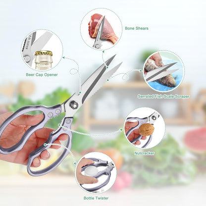 Kitchen Scissors, 9" Multi-Purpose Stainless Steel Heavy Kitchen Shears for Food/Poultry/Pizza/Herb, Lotus Handle Shape Cooking Scissors Dishwasher Safe [Silver Tone]