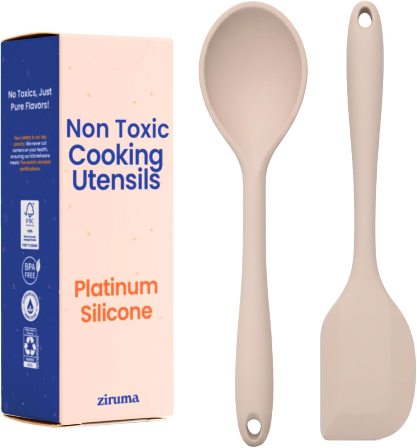 NonToxic Platinum Silicone Utensils, 100% Plastic-Free, 2-Pcs, Beige | LFGB-certified platinum silicone. Solid steel core, no hidden plastics. 500°F heat resistant. Non-scratch. Dishwasher safe