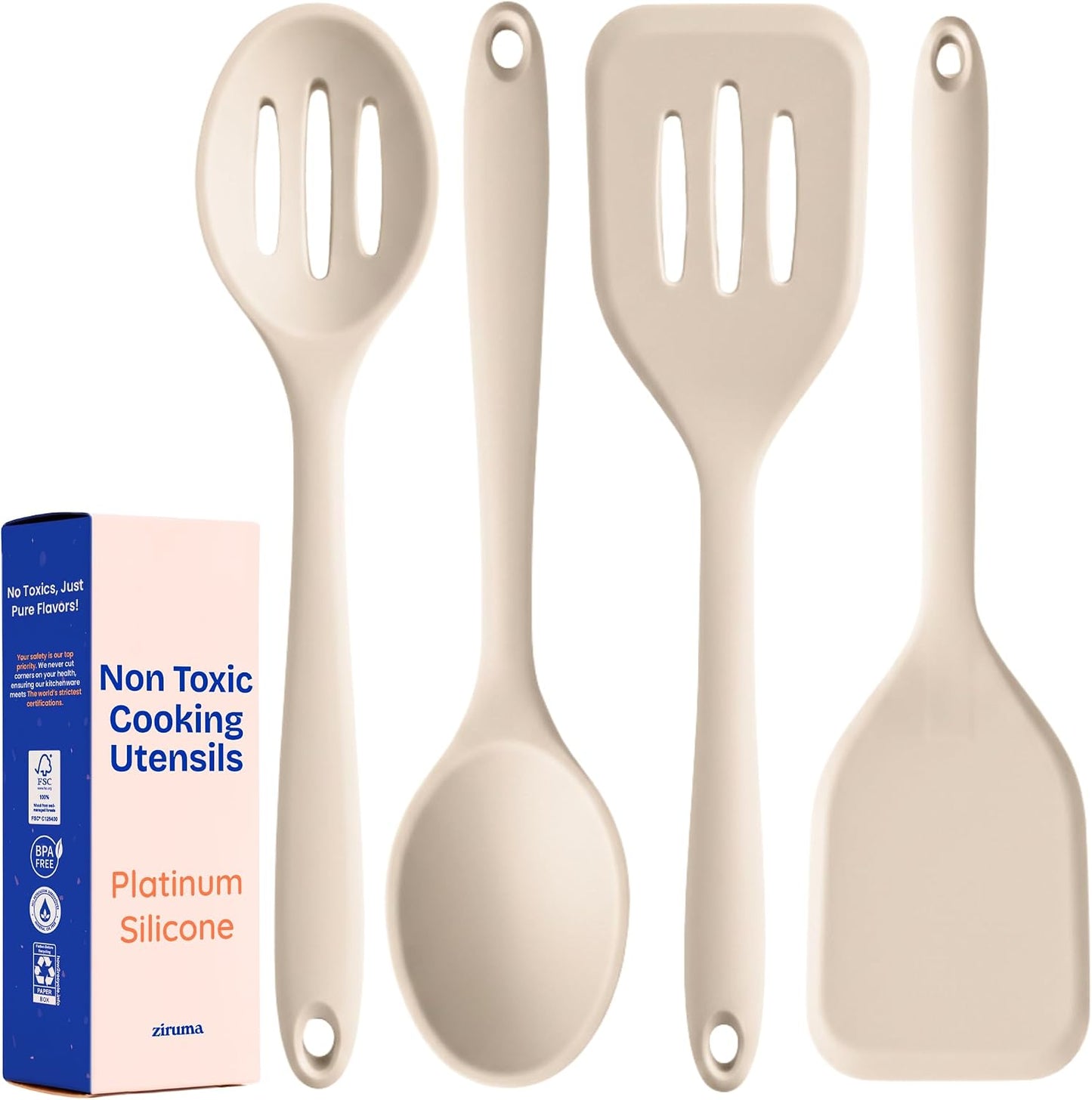 NonToxic Platinum Silicone Utensils, 100% Plastic-Free, 2-Pcs, Beige | LFGB-certified platinum silicone. Solid steel core, no hidden plastics. 500°F heat resistant. Non-scratch. Dishwasher safe