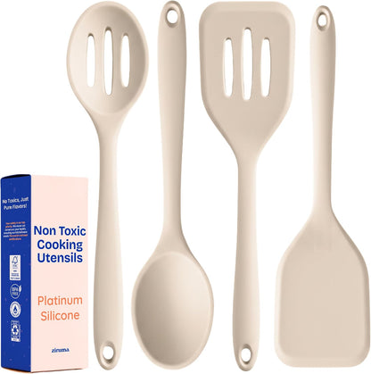 NonToxic Platinum Silicone Utensils, 100% Plastic-Free, 2-Pcs, Beige | LFGB-certified platinum silicone. Solid steel core, no hidden plastics. 500°F heat resistant. Non-scratch. Dishwasher safe