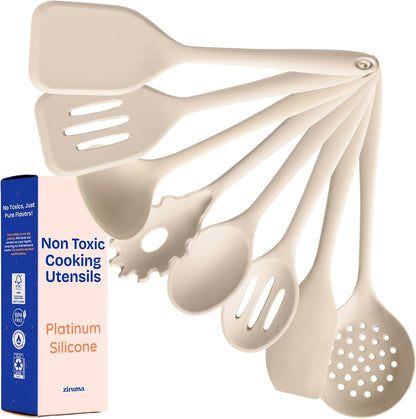 NonToxic Platinum Silicone Utensils, 100% Plastic-Free, 2-Pcs, Beige | LFGB-certified platinum silicone. Solid steel core, no hidden plastics. 500°F heat resistant. Non-scratch. Dishwasher safe