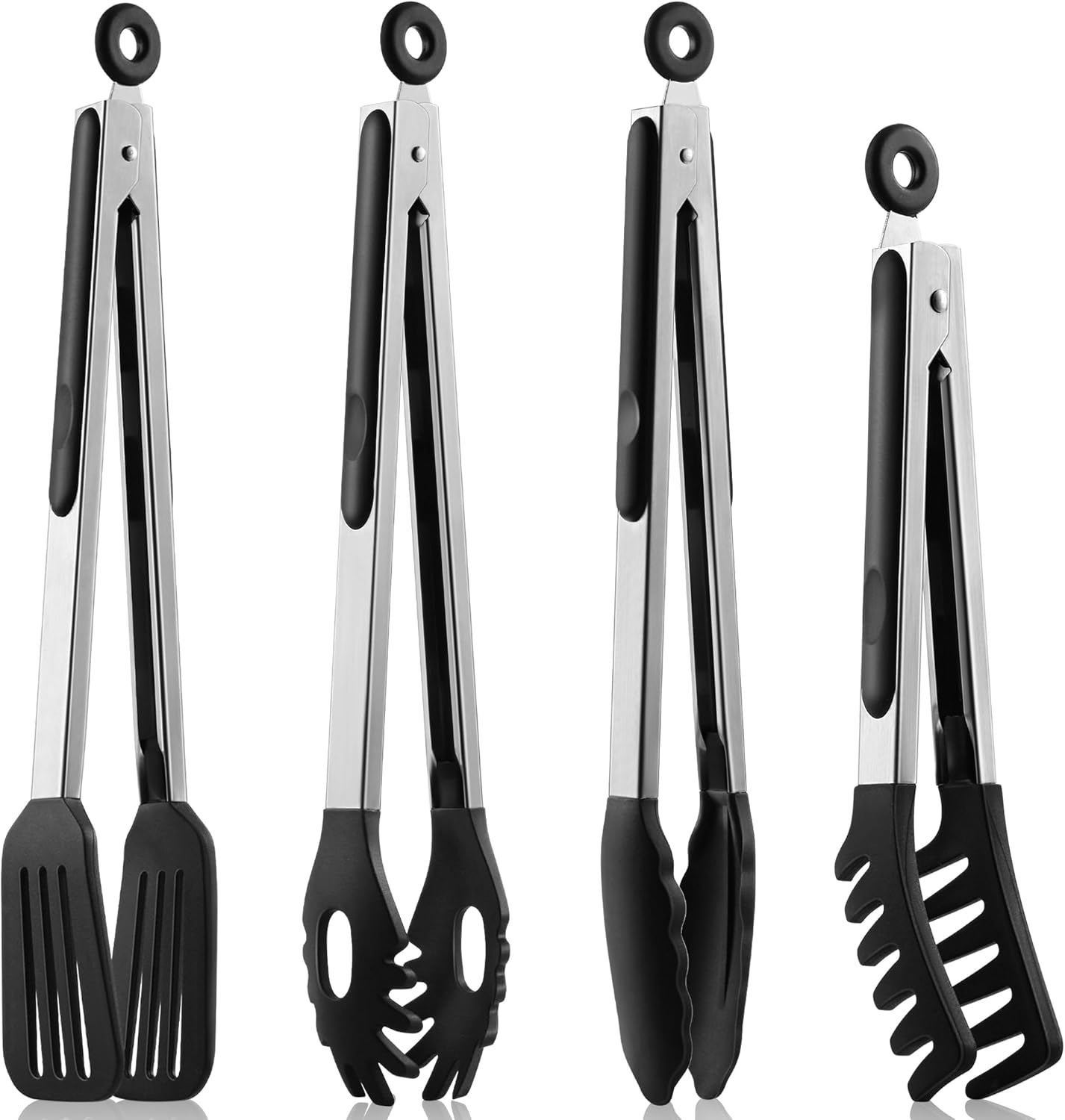4 PCS Kitchen Tongs with Silicone Tips, 9" & 12" Silicone Tongs for Cooking | Heat Resistant Stainless Steel Spaghetti Tong Pasta Tong for Serving Food, Spaghetti, Pasta, BBQ, Salad (4PCS)