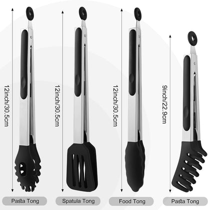 4 PCS Kitchen Tongs with Silicone Tips, 9" & 12" Silicone Tongs for Cooking | Heat Resistant Stainless Steel Spaghetti Tong Pasta Tong for Serving Food, Spaghetti, Pasta, BBQ, Salad (4PCS)