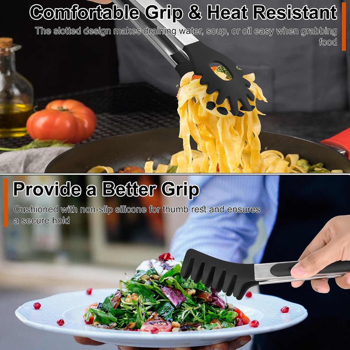 4 PCS Kitchen Tongs with Silicone Tips, 9" & 12" Silicone Tongs for Cooking | Heat Resistant Stainless Steel Spaghetti Tong Pasta Tong for Serving Food, Spaghetti, Pasta, BBQ, Salad (4PCS)