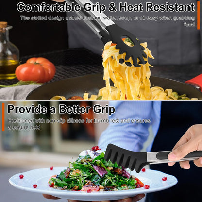 4 PCS Kitchen Tongs with Silicone Tips, 9" & 12" Silicone Tongs for Cooking | Heat Resistant Stainless Steel Spaghetti Tong Pasta Tong for Serving Food, Spaghetti, Pasta, BBQ, Salad (4PCS)