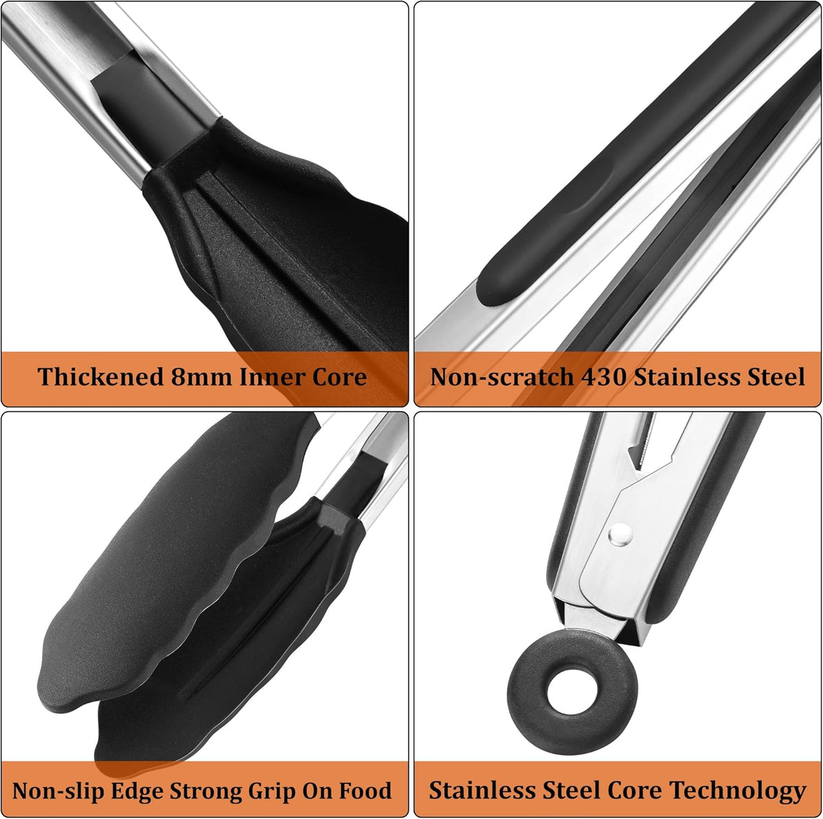 4 PCS Kitchen Tongs with Silicone Tips, 9" & 12" Silicone Tongs for Cooking | Heat Resistant Stainless Steel Spaghetti Tong Pasta Tong for Serving Food, Spaghetti, Pasta, BBQ, Salad (4PCS)
