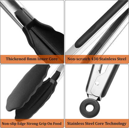 4 PCS Kitchen Tongs with Silicone Tips, 9" & 12" Silicone Tongs for Cooking | Heat Resistant Stainless Steel Spaghetti Tong Pasta Tong for Serving Food, Spaghetti, Pasta, BBQ, Salad (4PCS)