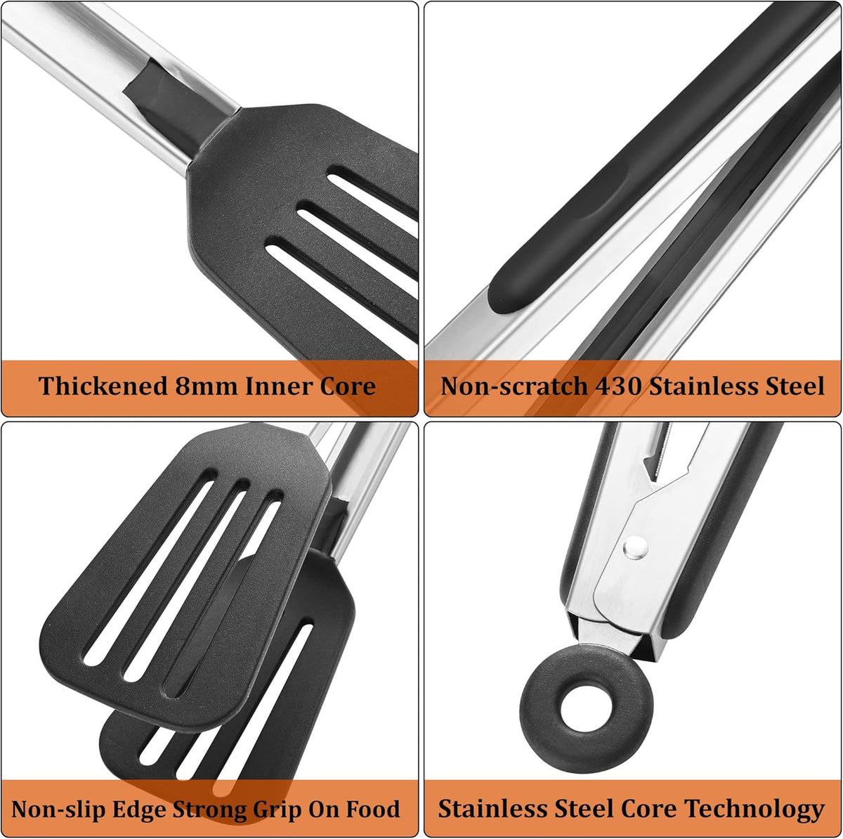4 PCS Kitchen Tongs with Silicone Tips, 9" & 12" Silicone Tongs for Cooking | Heat Resistant Stainless Steel Spaghetti Tong Pasta Tong for Serving Food, Spaghetti, Pasta, BBQ, Salad (4PCS)