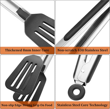 4 PCS Kitchen Tongs with Silicone Tips, 9" & 12" Silicone Tongs for Cooking | Heat Resistant Stainless Steel Spaghetti Tong Pasta Tong for Serving Food, Spaghetti, Pasta, BBQ, Salad (4PCS)