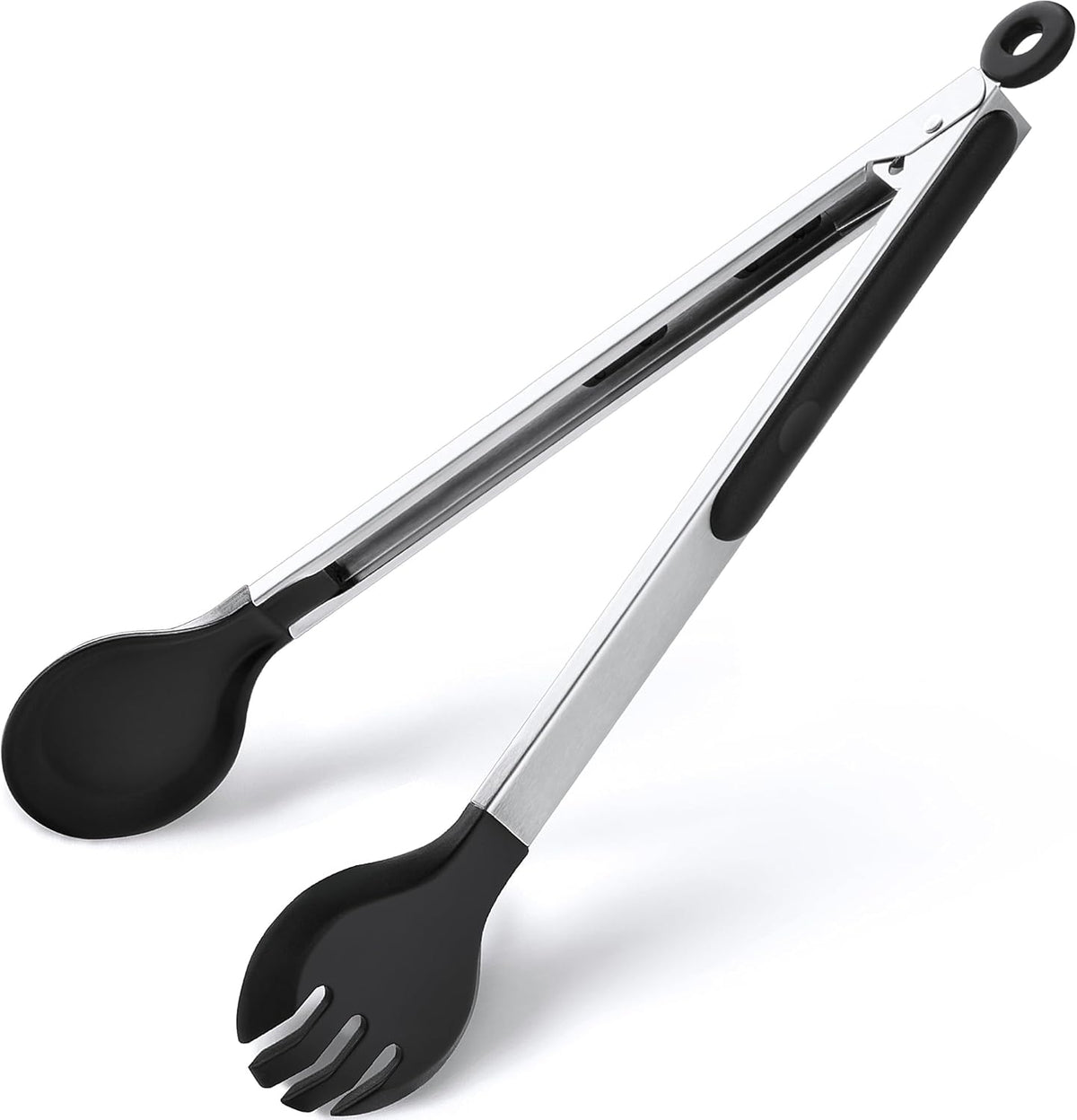 4 PCS Kitchen Tongs with Silicone Tips, 9" & 12" Silicone Tongs for Cooking | Heat Resistant Stainless Steel Spaghetti Tong Pasta Tong for Serving Food, Spaghetti, Pasta, BBQ, Salad (4PCS)