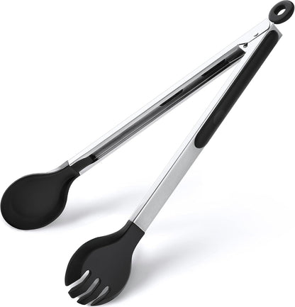 4 PCS Kitchen Tongs with Silicone Tips, 9" & 12" Silicone Tongs for Cooking | Heat Resistant Stainless Steel Spaghetti Tong Pasta Tong for Serving Food, Spaghetti, Pasta, BBQ, Salad (4PCS)