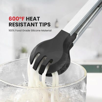 4 PCS Kitchen Tongs with Silicone Tips, 9" & 12" Silicone Tongs for Cooking | Heat Resistant Stainless Steel Spaghetti Tong Pasta Tong for Serving Food, Spaghetti, Pasta, BBQ, Salad (4PCS)