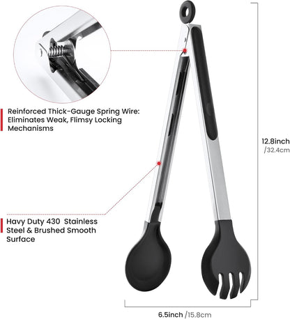 4 PCS Kitchen Tongs with Silicone Tips, 9" & 12" Silicone Tongs for Cooking | Heat Resistant Stainless Steel Spaghetti Tong Pasta Tong for Serving Food, Spaghetti, Pasta, BBQ, Salad (4PCS)