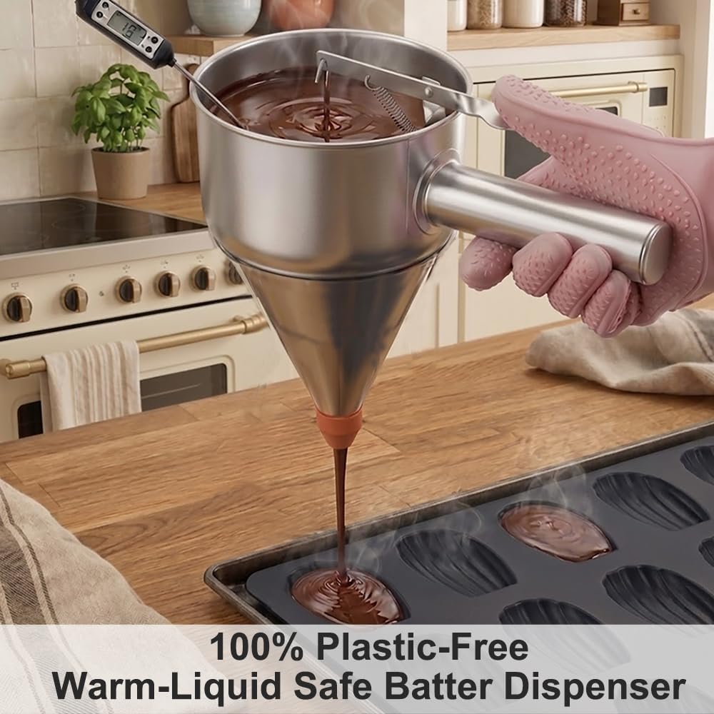 Pancake Batter Dispenser – 40oz Stainless Steel No-Drip Funnel, 4 Interchangeable Silicone Nozzles, Easy Control Batter Dispenser for Pancakes, Cupcakes, Funnel Cakes, Muffins & More