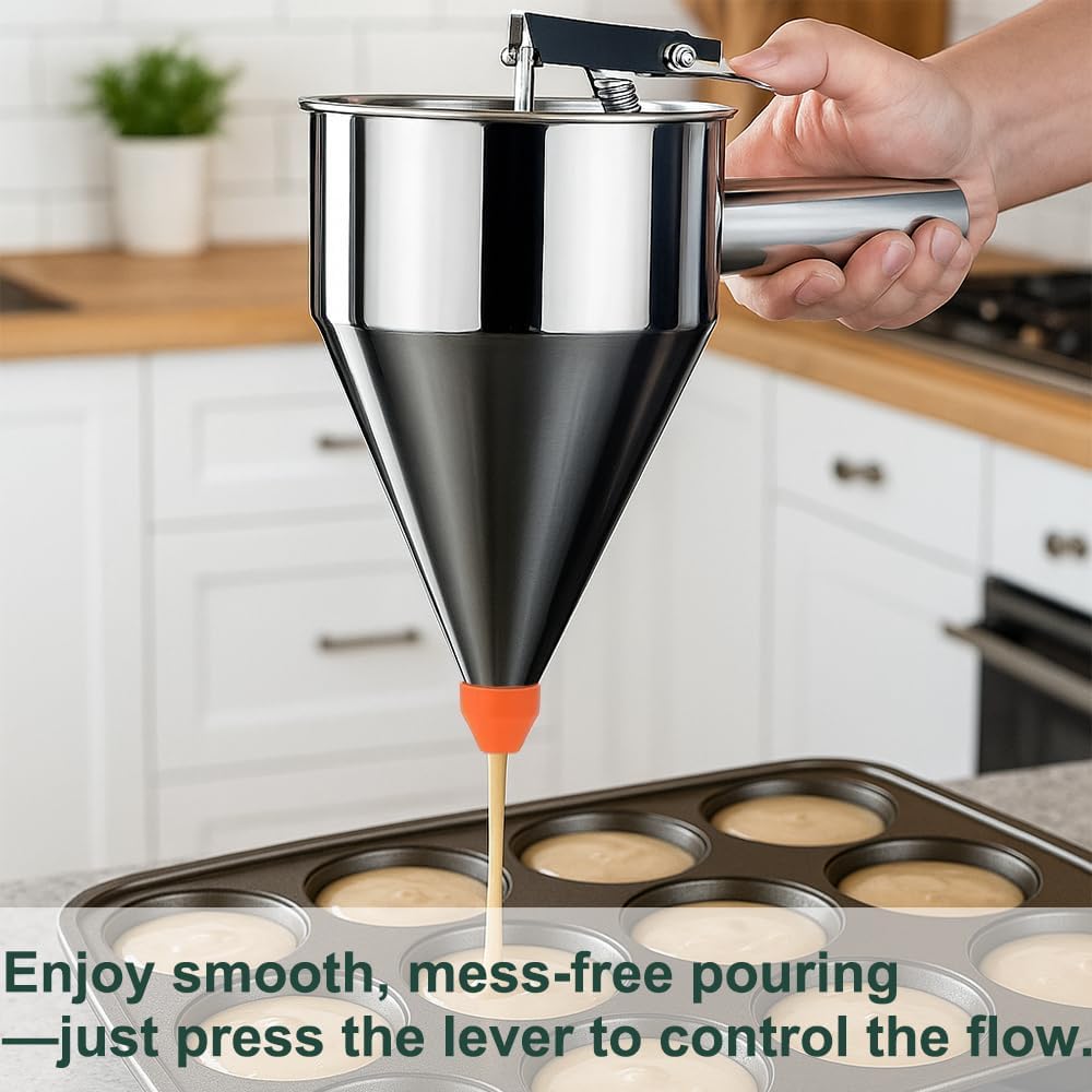 Pancake Batter Dispenser – 40oz Stainless Steel No-Drip Funnel, 4 Interchangeable Silicone Nozzles, Easy Control Batter Dispenser for Pancakes, Cupcakes, Funnel Cakes, Muffins & More