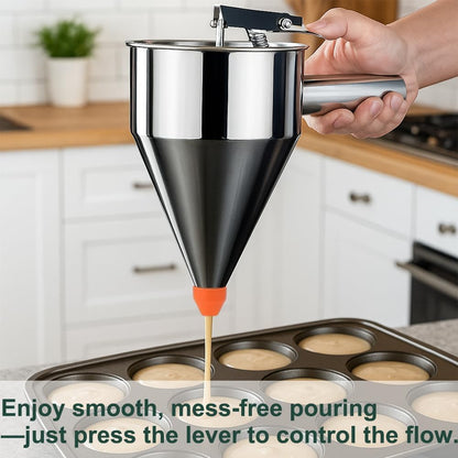 Pancake Batter Dispenser – 40oz Stainless Steel No-Drip Funnel, 4 Interchangeable Silicone Nozzles, Easy Control Batter Dispenser for Pancakes, Cupcakes, Funnel Cakes, Muffins & More