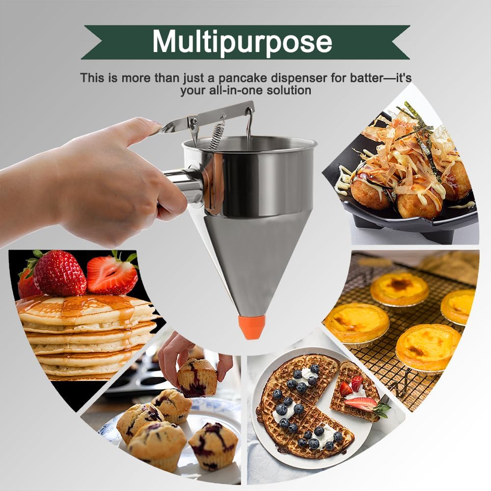 Pancake Batter Dispenser – 40oz Stainless Steel No-Drip Funnel, 4 Interchangeable Silicone Nozzles, Easy Control Batter Dispenser for Pancakes, Cupcakes, Funnel Cakes, Muffins & More