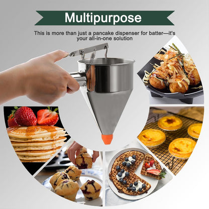 Pancake Batter Dispenser – 40oz Stainless Steel No-Drip Funnel, 4 Interchangeable Silicone Nozzles, Easy Control Batter Dispenser for Pancakes, Cupcakes, Funnel Cakes, Muffins & More
