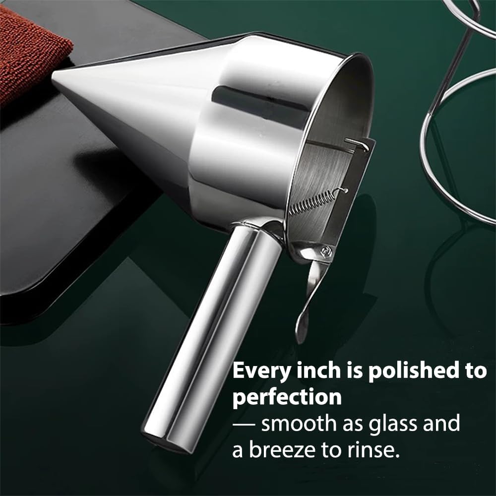 Pancake Batter Dispenser – 40oz Stainless Steel No-Drip Funnel, 4 Interchangeable Silicone Nozzles, Easy Control Batter Dispenser for Pancakes, Cupcakes, Funnel Cakes, Muffins & More