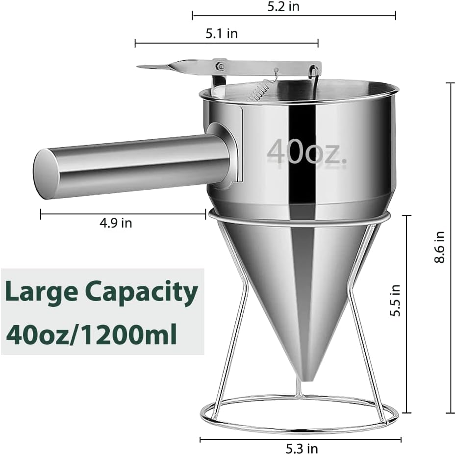 Pancake Batter Dispenser – 40oz Stainless Steel No-Drip Funnel, 4 Interchangeable Silicone Nozzles, Easy Control Batter Dispenser for Pancakes, Cupcakes, Funnel Cakes, Muffins & More