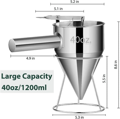 Pancake Batter Dispenser – 40oz Stainless Steel No-Drip Funnel, 4 Interchangeable Silicone Nozzles, Easy Control Batter Dispenser for Pancakes, Cupcakes, Funnel Cakes, Muffins & More