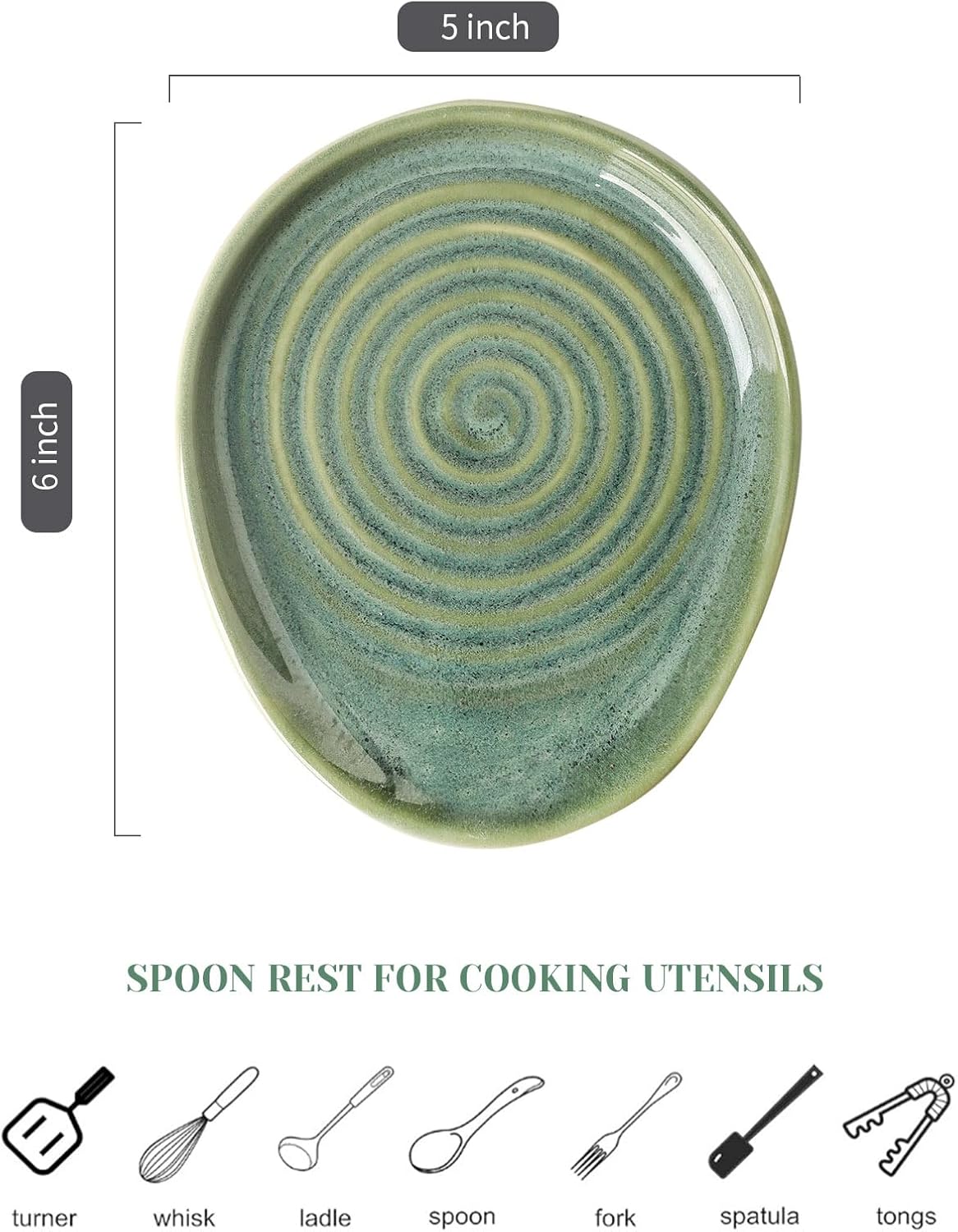 Ceramic Spoon Rest for Stove Top, Spoon Holder for Kitchen Counter, Farmhouse Cooking Utensil Holder for Spoons, Ladles, Spatula, Glazed Green