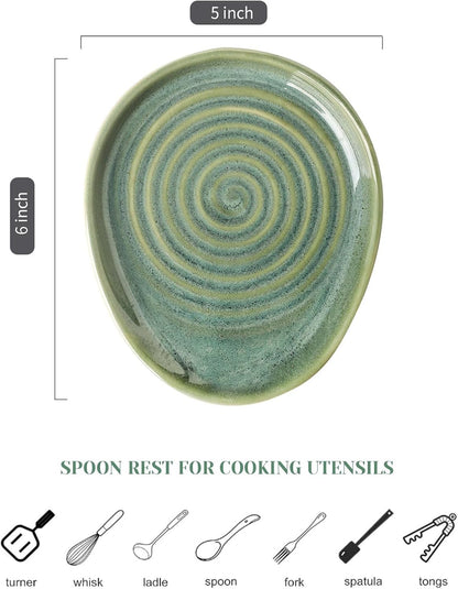 Ceramic Spoon Rest for Stove Top, Spoon Holder for Kitchen Counter, Farmhouse Cooking Utensil Holder for Spoons, Ladles, Spatula, Glazed Green