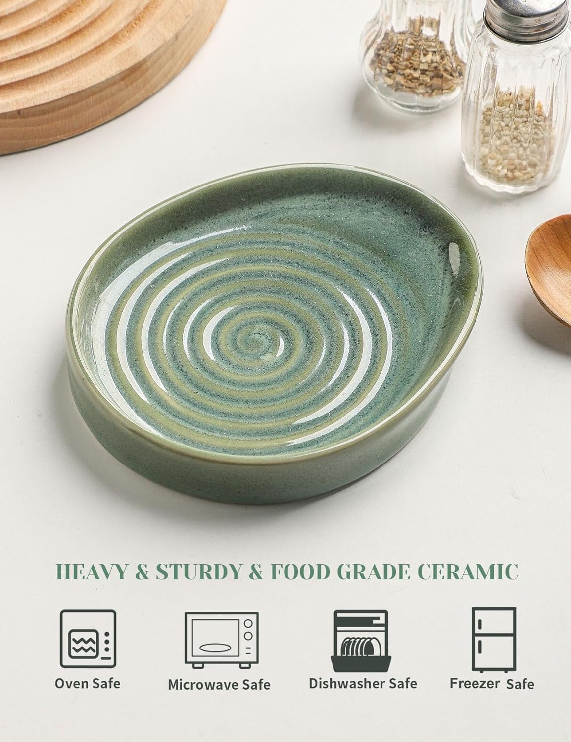 Ceramic Spoon Rest for Stove Top, Spoon Holder for Kitchen Counter, Farmhouse Cooking Utensil Holder for Spoons, Ladles, Spatula, Glazed Green