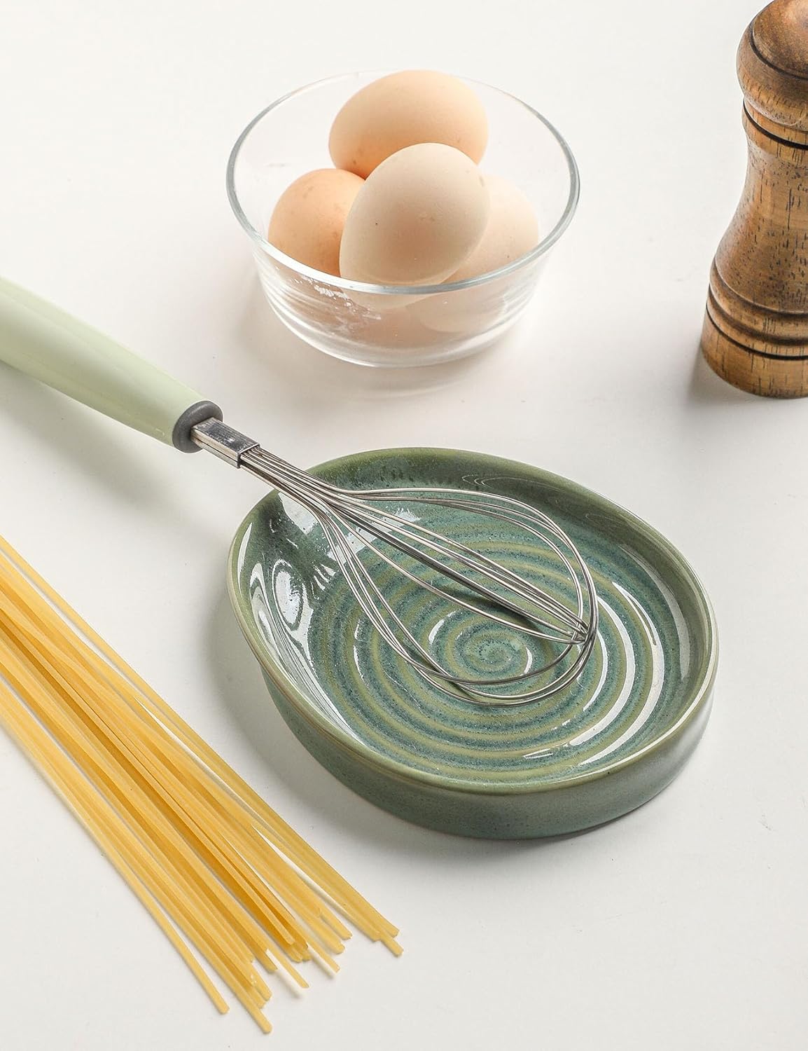Ceramic Spoon Rest for Stove Top, Spoon Holder for Kitchen Counter, Farmhouse Cooking Utensil Holder for Spoons, Ladles, Spatula, Glazed Green
