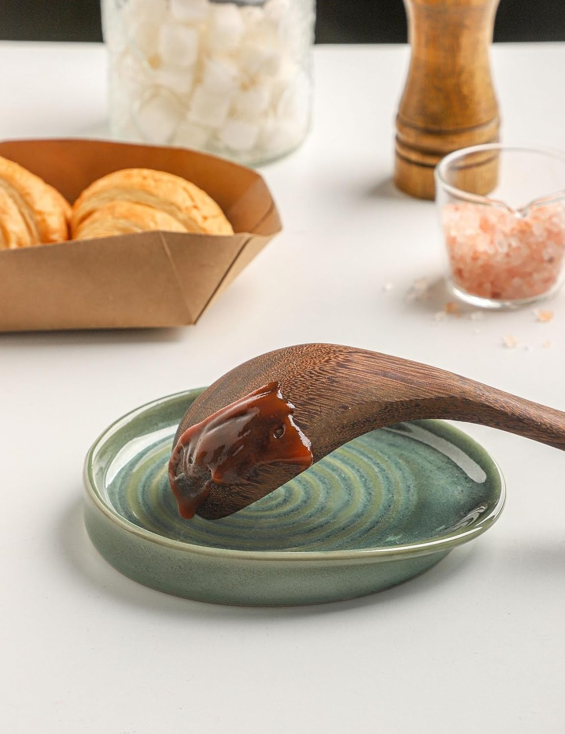 Ceramic Spoon Rest for Stove Top, Spoon Holder for Kitchen Counter, Farmhouse Cooking Utensil Holder for Spoons, Ladles, Spatula, Glazed Green