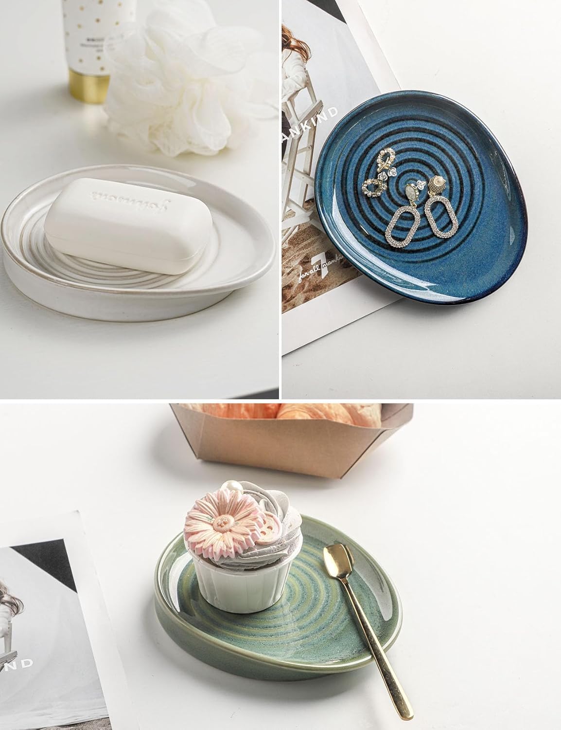 Ceramic Spoon Rest for Stove Top, Spoon Holder for Kitchen Counter, Farmhouse Cooking Utensil Holder for Spoons, Ladles, Spatula, Glazed Green