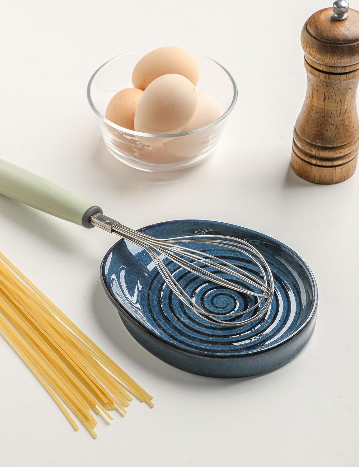 Ceramic Spoon Rest for Stove Top, Spoon Holder for Kitchen Counter, Farmhouse Cooking Utensil Holder for Spoons, Ladles, Spatula, Glazed Green