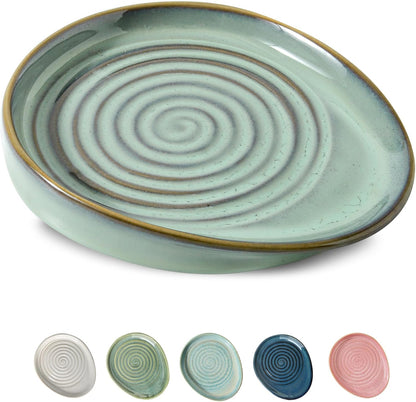 Ceramic Spoon Rest for Stove Top, Spoon Holder for Kitchen Counter, Farmhouse Cooking Utensil Holder for Spoons, Ladles, Spatula, Glazed Green