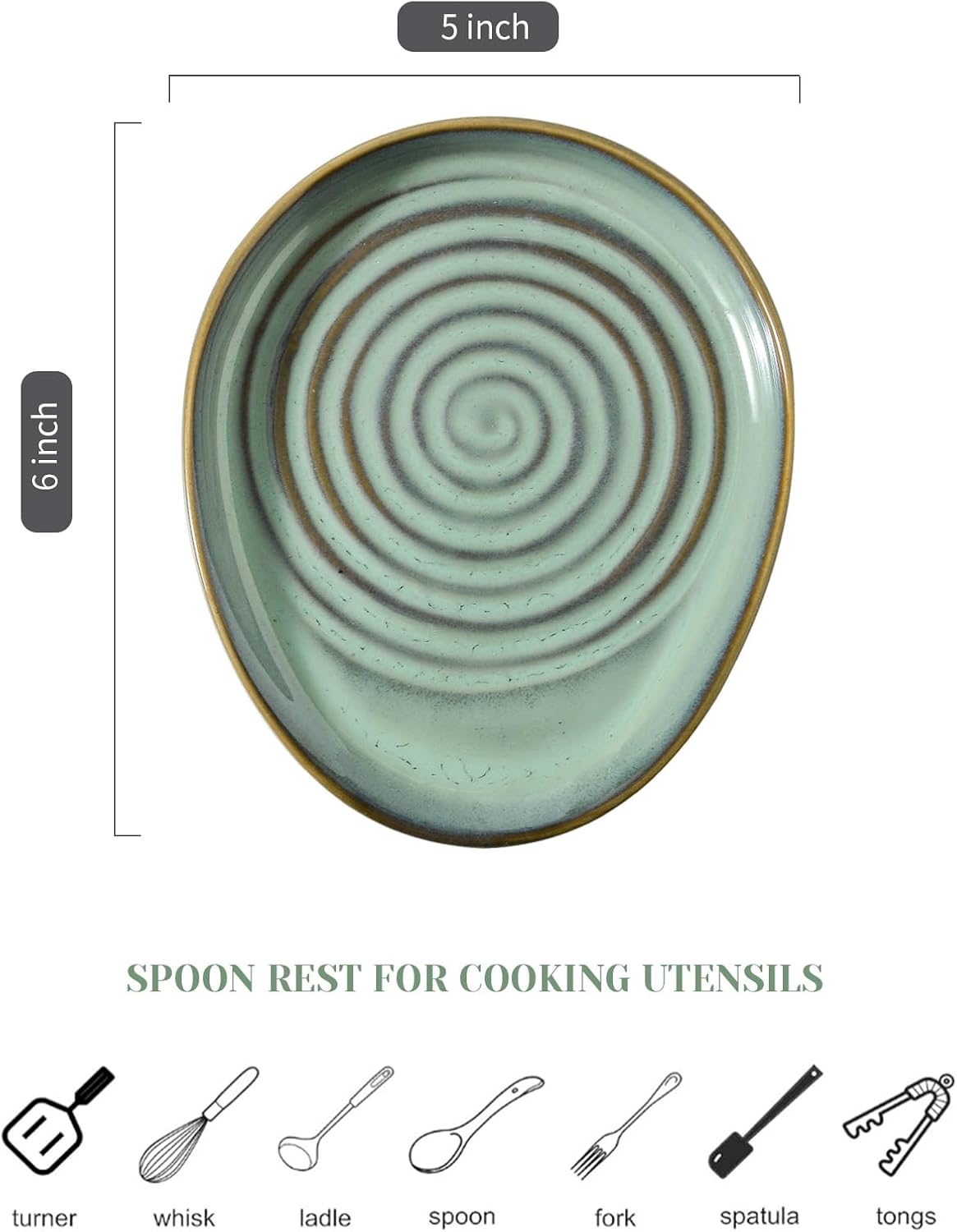 Ceramic Spoon Rest for Stove Top, Spoon Holder for Kitchen Counter, Farmhouse Cooking Utensil Holder for Spoons, Ladles, Spatula, Glazed Green