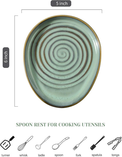 Ceramic Spoon Rest for Stove Top, Spoon Holder for Kitchen Counter, Farmhouse Cooking Utensil Holder for Spoons, Ladles, Spatula, Glazed Green