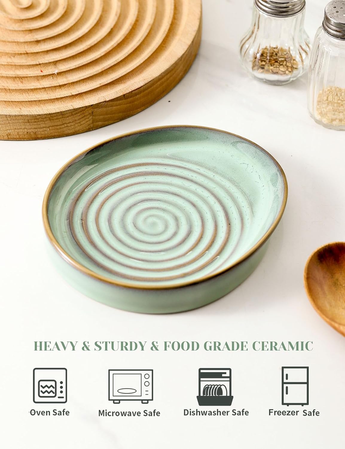Ceramic Spoon Rest for Stove Top, Spoon Holder for Kitchen Counter, Farmhouse Cooking Utensil Holder for Spoons, Ladles, Spatula, Glazed Green