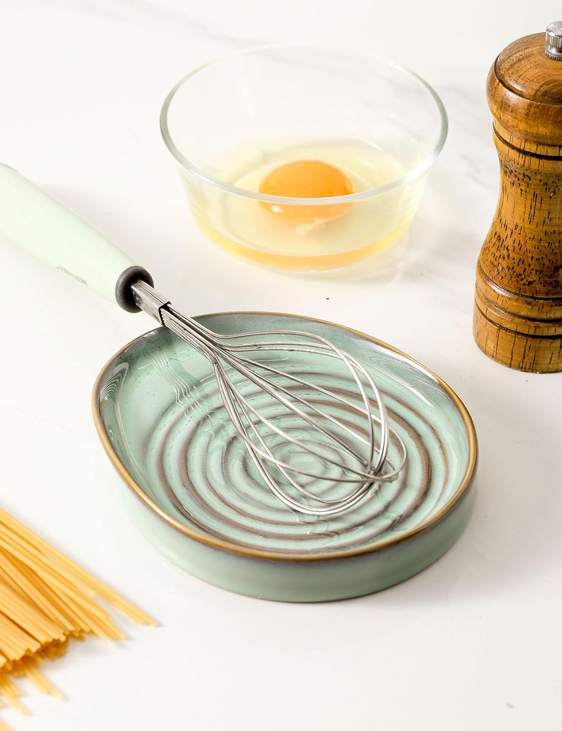 Ceramic Spoon Rest for Stove Top, Spoon Holder for Kitchen Counter, Farmhouse Cooking Utensil Holder for Spoons, Ladles, Spatula, Glazed Green