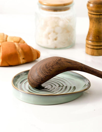 Ceramic Spoon Rest for Stove Top, Spoon Holder for Kitchen Counter, Farmhouse Cooking Utensil Holder for Spoons, Ladles, Spatula, Glazed Green