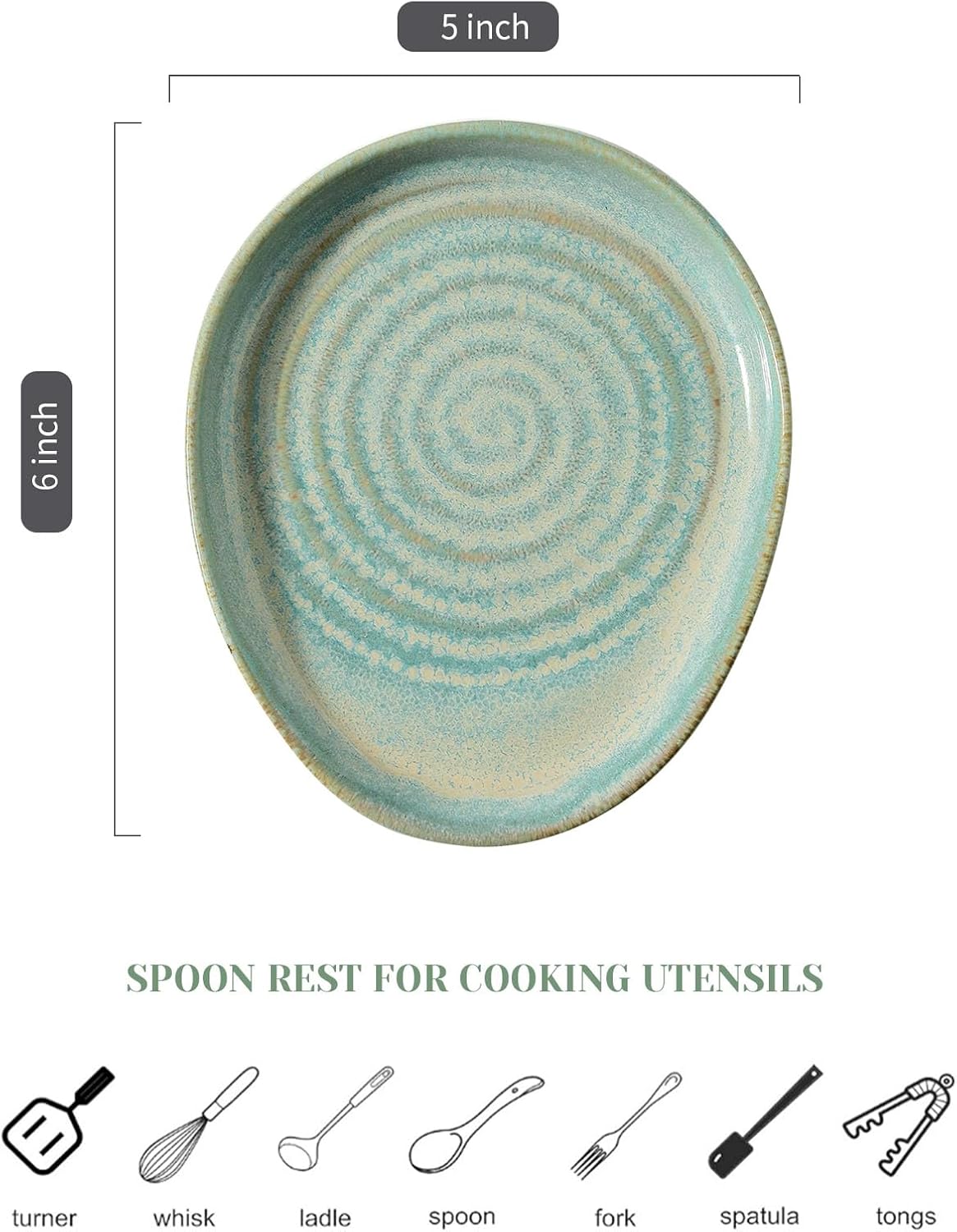 Ceramic Spoon Rest for Stove Top, Spoon Holder for Kitchen Counter, Farmhouse Cooking Utensil Holder for Spoons, Ladles, Spatula, Glazed Green