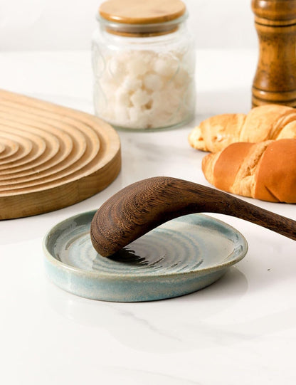 Ceramic Spoon Rest for Stove Top, Spoon Holder for Kitchen Counter, Farmhouse Cooking Utensil Holder for Spoons, Ladles, Spatula, Glazed Green
