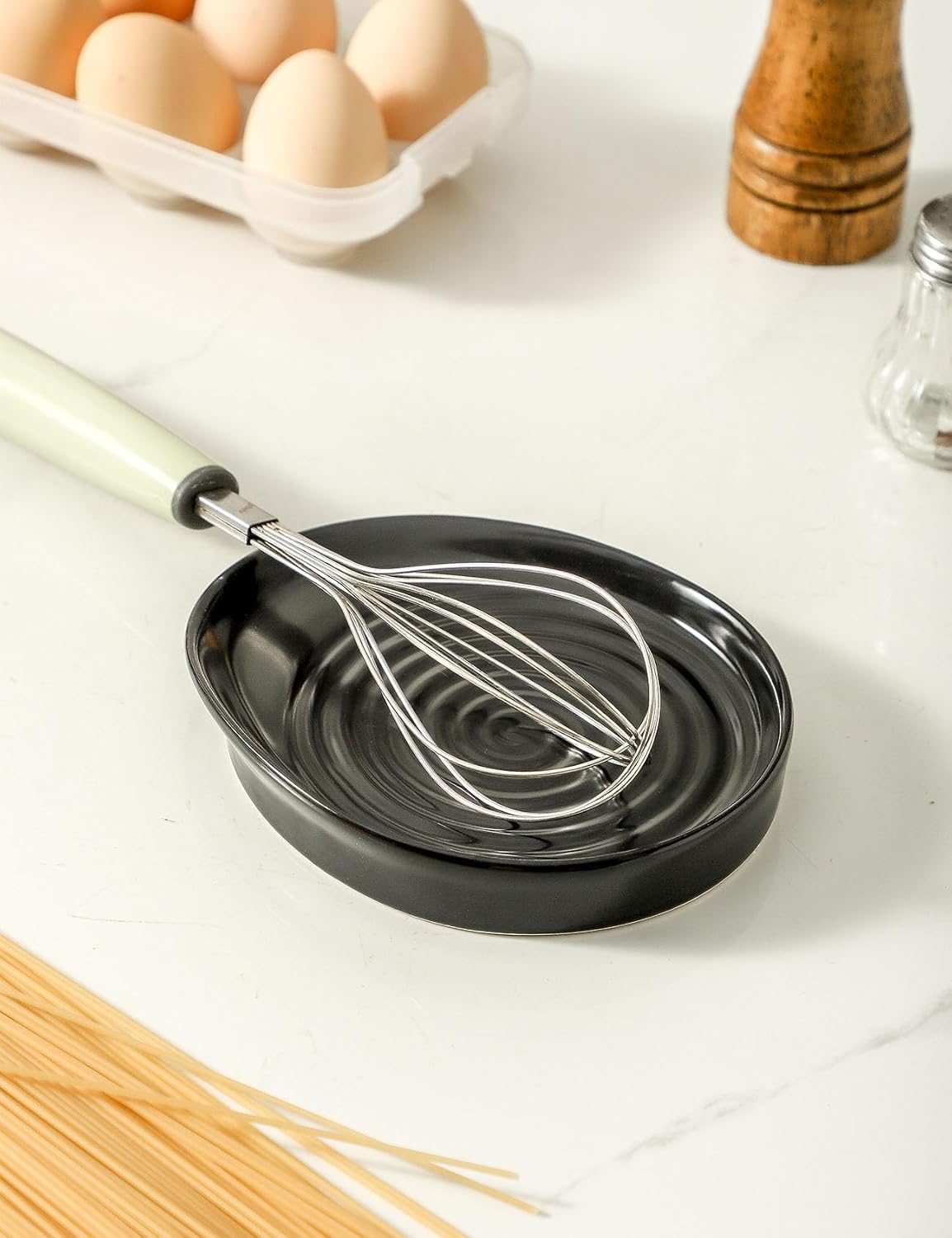 Ceramic Spoon Rest for Stove Top, Spoon Holder for Kitchen Counter, Farmhouse Cooking Utensil Holder for Spoons, Ladles, Spatula, Glazed Green