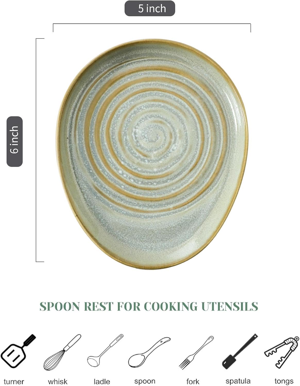 Ceramic Spoon Rest for Stove Top, Spoon Holder for Kitchen Counter, Farmhouse Cooking Utensil Holder for Spoons, Ladles, Spatula, Glazed Green