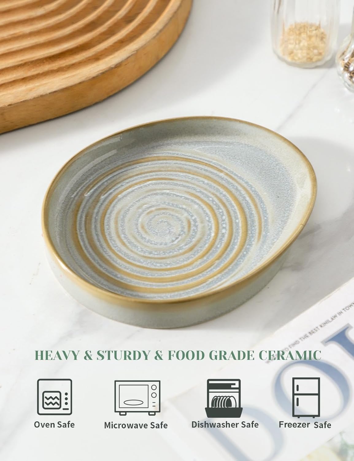 Ceramic Spoon Rest for Stove Top, Spoon Holder for Kitchen Counter, Farmhouse Cooking Utensil Holder for Spoons, Ladles, Spatula, Glazed Green